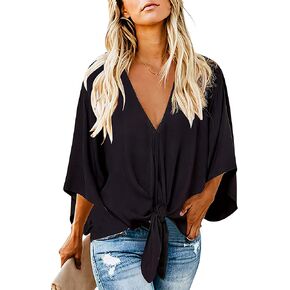 Women's Casual Floral Blouse Batwing Sleeve Loose Fitting Shirts Boho Knot Front Tops in Kuwait