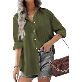Hotouch Women Button Down Shirts Office Drop Shoulder Oversized Blouse Long Sleeve Boyfriend Dress Shirt with Pocket