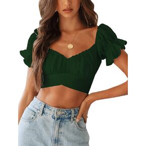 LYANER Women's Ruffle Short Sleeve Tie Up Back Crop Top Off Shoulder Bardot Blouse in Saudi Arabia