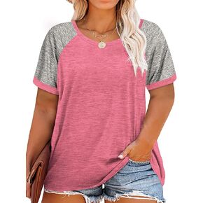 ROSRISS Plus Size Tops for Women Summer Raglan Color Block T Shirts Short Sleeve Loose Fit Tee