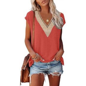 Womens Cap Sleeve Summer Tops Trendy Tank Tops Floral Print Lace V Neck Loose Fit Shirts