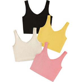 Milumia Women's 4 Pack Ribbed Knit V Neck Sleeveless Plain Fitted Crop Tank Top Set