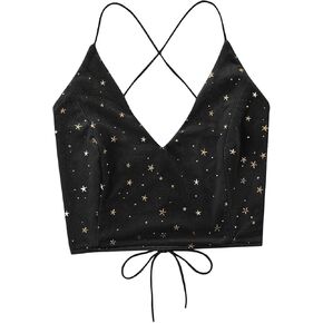 Verdusa Women's Velvet Galaxy Print Crisscross Back Spaghetti Strap Crop Cami Top