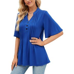 HOCOSIT Women's Floral Print Short Ruffle Sleeve Pleated Front V Neck Button Tunic Tops in Saudi Arabia