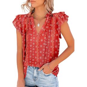 Dokotoo Women's Casual V Neck Tops Drawstring Short Sleeve T Shirt Blouses