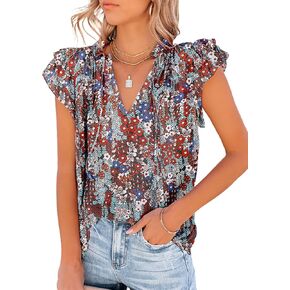 Dokotoo Women's Casual V Neck Tops Drawstring Short Sleeve T Shirt Blouses