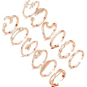 Honsny 12PCS Adjustable Knuckle Rings for Women, 14K Simple Gold Stacking Rings Pack, Open Knot Wave Star Moon Dainty Thumb Ring, Cute Silver Rings Set for Teen Girls in Saudi Arabia