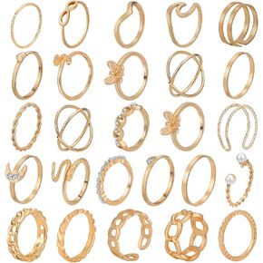 ONESING 18-31 Pcs Knuckle Rings for Women Stackable Rings Sets Girls Bohemian Retro Vintage Joint Finger Rings Gold Rings Set for Women Men Hollow Carved Flowers Crystal Rings