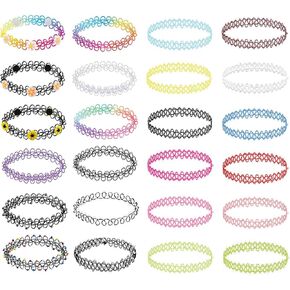 BodyJ4You 24 Chokers Henna Tattoo Necklace - ملحقات التسعينيات القابلة للتمدد للنساء والفتيات والأطفال - ألوان نابضة بالحياة زهرة يونيكورن سحر الفراشة - مجوهرات مرنة قابلة للتعديل