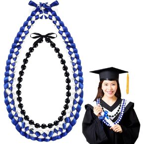 Jexine Kukui Nut Lei Necklace and Ribbon Lei Braided Necklace with Ribbon Bow Closure Chunky Black Hawaiian Necklace Graduation Gift