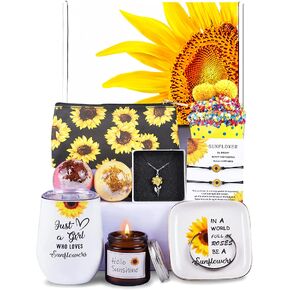 Sunflower Gifts for Women, Fabulous Birthday Gifts for Her, Mom, Daughter, Sister, Best Friend, Unique Gift Box with Necklace, Candle, Tumbler, Sock, Purse, Pinky Promise Bracelets, Jewelry Trays, 2x Bath Bomb in Saudi Arabia