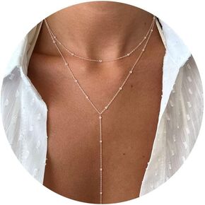 Foxgirl Lariat قلادة ذهبية للنساء، قلادة طويلة أنيقة 14 قيراط مطلية بالذهب/الفضة على شكل حرف Y قلادة عصرية الطبقات تشيكوسلوفاكيا مطرز سلسلة قطرة القلائد مجوهرات ذهبية بسيطة للنساء الفتيات هدية in Kuwait