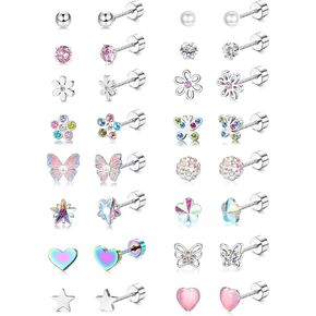 LOYALLOOK 16Pairs Screwback Earrings for Women Pearl CZ Ball Heart Tiny Small Stud Earrings Cute Butterfly Flower Stainless Steel Multicolor Flatback Screw Back Stud Earrings