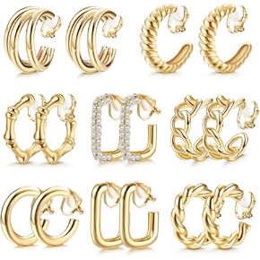 FASACCO Gold Clip On Hoop Earrings for Women Fashion Clip on Earrings Twist Round Geometric Chunky Hoop Clip Earrings No Piercing Fake Earrings
