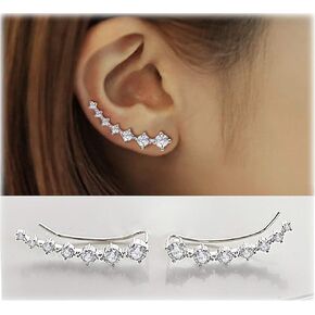 Earring for Women Cartilage 7 Crystals Ear Cuffs Hoop Climber S925 Sterling Silver Earrings with Cubic Zirconia CZ Hypoallergenic Piercing Gifts for Her