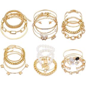 IFKM 6 PACK (24 PCS) Boho Gold Chain Bracelets Set for Women, 14K Gold Plated Multiple Layered Stackable Open Cuff Wrap Bangle Adjustable Link Italian Cuban Jewelry for Women Gift in Saudi Arabia