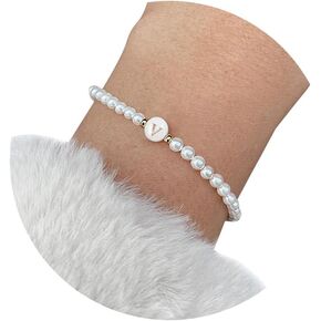 UNZEI Dainty Letter Initial Bracelet For Women Bead Faux Pearl Bracelet, Fashion Women link Bracelet Strand Wristband Jewelry gift