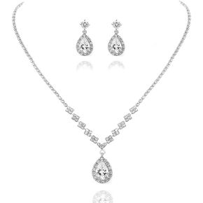 Aukmla Bride Wedding Necklace Earrings Set Silver Rhinestones Necklaces Bridal Crystal Jewelry Accessories for Women and Girls (Set of 3) in Saudi Arabia