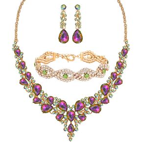3/4 Pieces Women Jewelry Set Rhinestone Crystal Bride Statement Choker Necklace Tiara Crown Link Bangle Bracelet Teardrop Dangle Earrings Set for Wedding Party in Kuwait