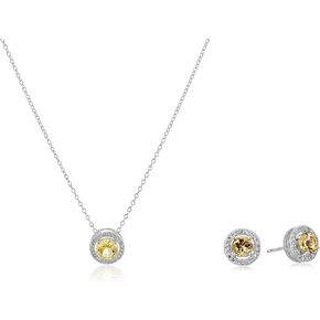 Rhodium Plated Sterling Silver Gemstone and Created White Sapphire Round Halo Earrings and Pendant Necklace Jewelry Set - Choice of Gem Colors
