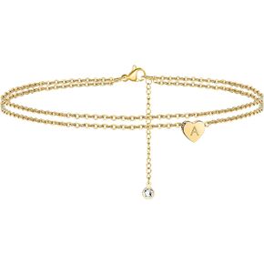 Turandoss Heart Initial Ankle Bracelets for Women, 14K Gold Filled Handmade Dainty Layered Anklet Letter Initial Heart Ankle Bracelets for Women Beach Jewelry Gifts in Saudi Arabia