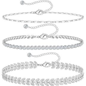 Gold Ankle Bracelets for Women 14k Gold Plated Anklet Silver Tennis Rose Quartz Cross Bead Herringbone Snake Paperclip Chain Cubic Zirconia Dainty Layered Anklet Set 3Pcs