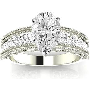 14K White Gold 3 Carat LAB GROWN IGI CERTIFIED DIAMOND Antique/Vintage Style Channel Set Round Pear Cut Diamond Engagement Ring with Milgrain (H-I Color VS1-VS2 Clarity 2.5 Ct Center) in Kuwait