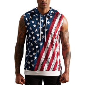 Arvilhill Men's 4th of July American Flag Sleeveless Tank Tops Hooded Patriotic Muscle Shirt