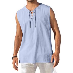 KUYIGO Men's Cotton Linen Tank Top Shirts Casual Stylish Men’s Shirts Sleeveless Lace Up Beach Hippie Tops