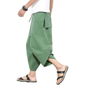 PRIJOUHE Men's Harem Capri Pants, Wide Leg Mens Capris, Summer Linen Pants