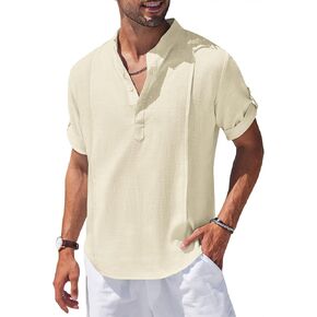 COOFANDY Men's Linen Henley Shirts Short Sleeve Casual Banded Collar Shirt Summer Beach Hippie T Shirts in Saudi Arabia