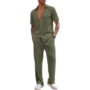 COOFANDY Men's 2 Piece Outfit Casual Short Sleeve Button Down Shirt Beach Summer Loose Pant Sets in Saudi Arabia