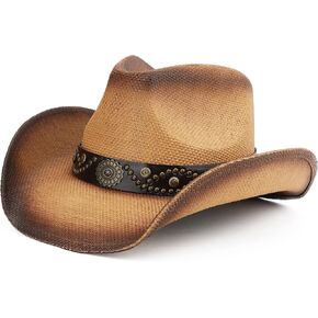 Melesh Adult Sun Straw Women Men Cowgirl Western Cowboy Hat Colored in Kuwait