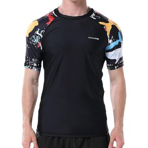 VAYAGER قمصان السباحة الرجالية Rash Guard UPF 50+ قصيرة الأكمام سريعة الجفاف فضفاضة تناسب ركوب الأمواج قميص