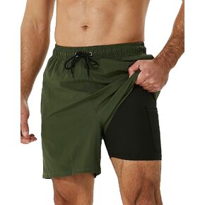 SILKWORLD Mens Swimming Trunks with Compression Liner 2 in 1 Quick-Dry Swim Shorts with Zipper Pockets