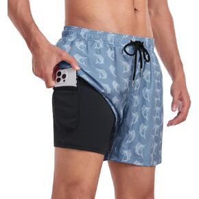 Narecte Mens Swim Trunks 5" with Compression Liner Quick Dry Board Shorts Men's Swimming Trunks with Zipper Pocket