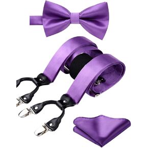 HISDERN Bow Tie and Suspenders for Men Suspender and Bowtie Handkerchief Set Adjustable Y Shape 6 Clips Wedding Brace in Kuwait