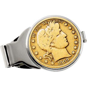 Coin Money Clip - Silver Barber Half Dollar Layered in Pure 24k Gold | Brass Moneyclip Layered in Silver-Tone Rhodium | Holds Currency, Credit Cards, Cash | Genuine U.S. Coin in Kuwait