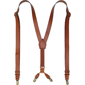 RC ROCKCOW Leather Suspenders for Men Y Back Design Adjustable Suspender with 4 Metal Clips Groomsmen Gift Wedding Brown