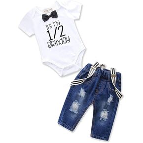 Toddler Baby Boy Birthday Clothes Set Birthday Photo Outfit Bowtie Romper Suspenders Ripped Denim Pants Party Outfits in Saudi Arabia