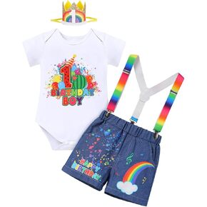 IMEKIS Toddler Baby Boys Melon Birthday Outfit Romper T-shirt + Jeans Shorts + Suspenders Rainbow Cake Smash Photo Shoot 1-5T in Saudi Arabia