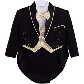 Dressy Daisy Baby Boy Classic Tuxedo Suit 5 قطع مجموعة فستان رسمي ملابس زفاف مع سترة جاكار ذهبية، أسود/أبيض in Kuwait