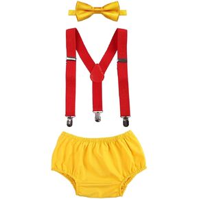 IWEMEK Baby Boys First Birthday Cake Smash Outfits Adjustable Clip Y Back Suspenders Bowtie Bloomers Diaper Cover Clothes Set in Saudi Arabia