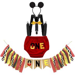MYRISAM Baby Boys First Birthday Cake Smash Photo Prop Outfits ONE Bloomers Bow Tie Suspender Headband w/Highchair Banner