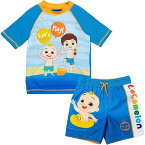 CoComelon Tomtom JJ Cody Nico Mochi Wally Short Sleeve Rash Guard Swim Shirt & Swim Trunks Outfit Set Infant to Toddler