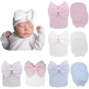 BQUBO Newborn Baby Caps Mittens for Baby Girls Set Hospital Hat Beanie Infant Hats with Bow Baby Scratch Mitten Gloves in Kuwait