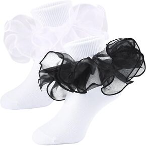 Mini angel Girls Ruffle Socks Double Lace Frilly Dress Socks Kids Turn Cuff Socks for Toddler Little Girls 2/3 Pack