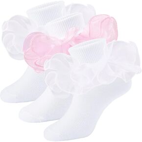 Girls Ruffle Socks Double Lace Frilly Dress Socks Kids Turn Cuff Socks for Toddler Little Girls 2/3 Pack in Saudi Arabia