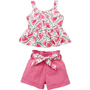 Kucnuzki Toddler Baby Girl Clothes Summer Outfits Ruffle Sleeveless Linen Shirt Kid Short Set for Girl