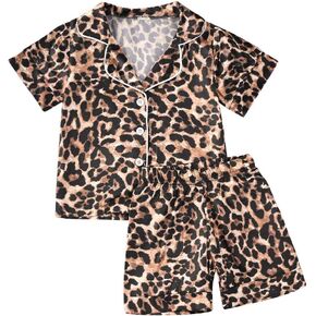 Kids Toddler Baby Girl Boy Satin Pajamas Set Short Sleeve Button Down Pajama Shirt Top+Shorts Bottoms Sleepwear Outfits in Saudi Arabia